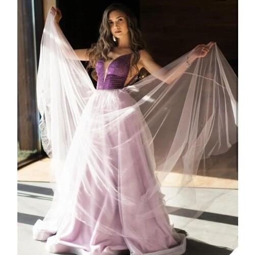 Purple Evening Dress 2021 Shiny Deep V-Neck Sleeveless A-Line Floor Length Women Party Gowns Court Train Girl Prom Graceful