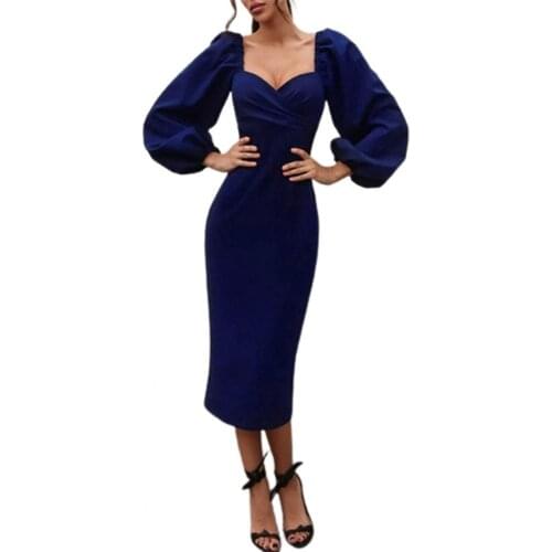 Womens Formal Dress 2021 Bodycon Dress Square Collar Lantern Sleeve Sexy Off Shoulder Waist Tied Pleated Dress for Wedding