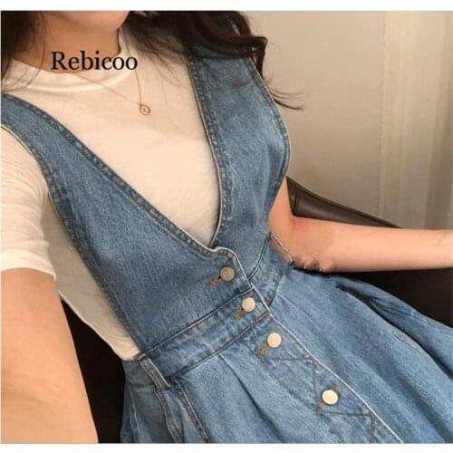 Rebicoo Women Denim Dress Fashion Single Breasted Spaghetti Strap Jean Dress Women Tunic Big Hem Backless Dress Vestidos