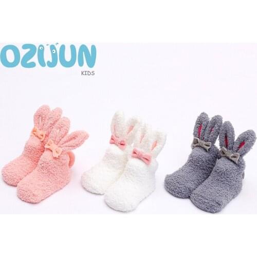 Winter Baby Boy Girl Children Floor Socks Warm Anti Slip Newborn Cartoon Long ear rabbit Indoor Socks Soft Coral velvet 0-1/1-3Y