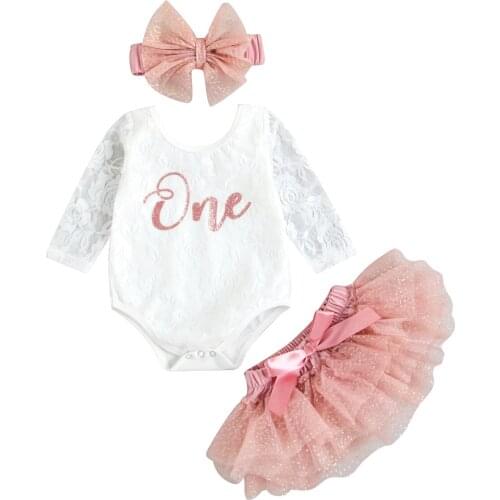 3pcs Newborn Baby Girls 1st Birthday Clothes Sets Letter Lace Long Sleeve Romper Lace Tutu Skirts Headband 0-3Years
