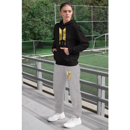Angemiel Wear BTS Korean Women Tracksuit Set Black Hooded Sweatshirt Gray Sweatpants
