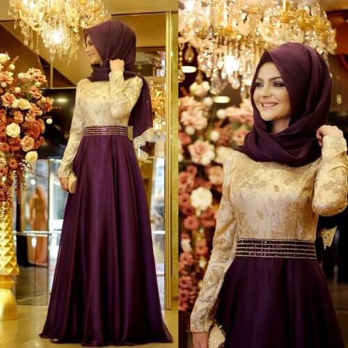 Eggplant Beaded Waist Appliques Long Sleeve Muslim Evening prom gown 2018 Vestidos De Noiva Longo Mother of the Bride Dresses