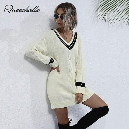Beige Long Sweater Dress Spring Autumn 2021 V neck Twist Knitted Pullover Sweaters Womens Casual Knitting Jumper Tops