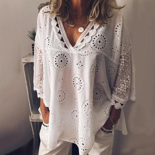 Plus Size Women Solid Color V Neck Half Sleeve Hollow out Lacework Loose Blouse Summer 2020 Women Short Blouses and Tops