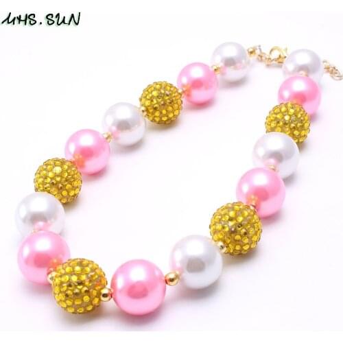 MHS.SUN Children Girls Pink+Gold Beads Necklace Cute Chunky Bubblegum Necklace For Kids Toddler Party Jewelry Dress Up