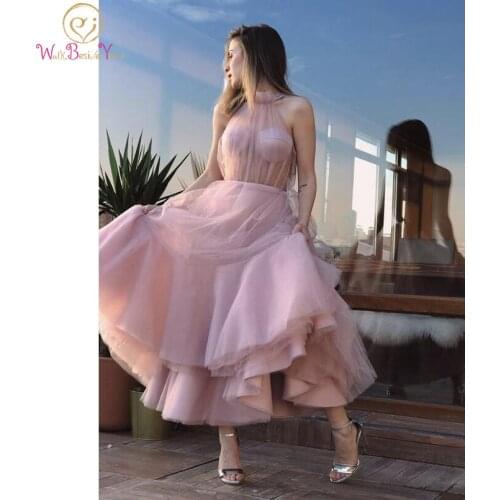 Elegant Prom Dressses Pink Tulle Ankle Length High Neck Illusion Sleeveless A Line Evening Gown vestido de graduacion largo