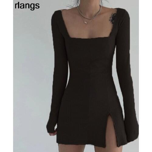 European And American Ins Sexy Split Tight knit Dress Female Autumn New Style Square Collar Wild Bag Hip Skirt