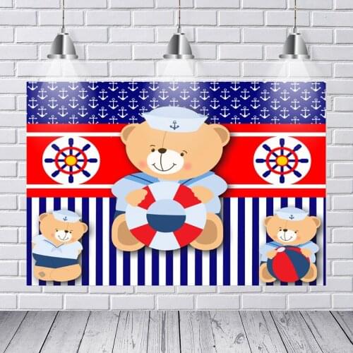 Photography Backdrops Teddy Bears White Blue Stripes Anchor Rudder Steer Travel Nautical Custom Photo Backdrop Background Vinyl