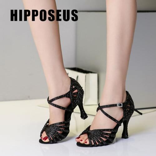Hipposeus Women Dance Shoes for Girls Ladies Ballroom Latin Modern Tango Dancing Shoes Mesh Rhinestone Shoe Salsa Sandals Black