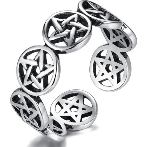 Star Pentagram Punk Chunky Adjustable Thai Silver Color Finger Ring For Women Mens Korean Trendy Tibetan Jewelry Gifts S-R2193