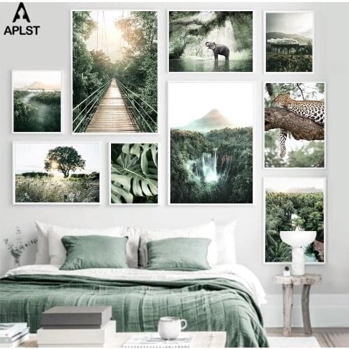Forest Leopard Jungle Elephant Animal Wall Art Canvas Print Painting Mountain River Waterfall Plant Leaves Poster Decor Picture