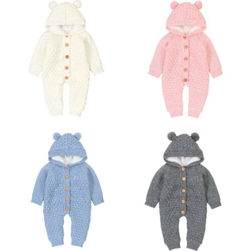 Cute Toldder Newborn Winter Baby Girls Boys Rompers Knit Fur Long Sleeve Single Breasted Solid Hooded Warm Jumpsuits 0-24M