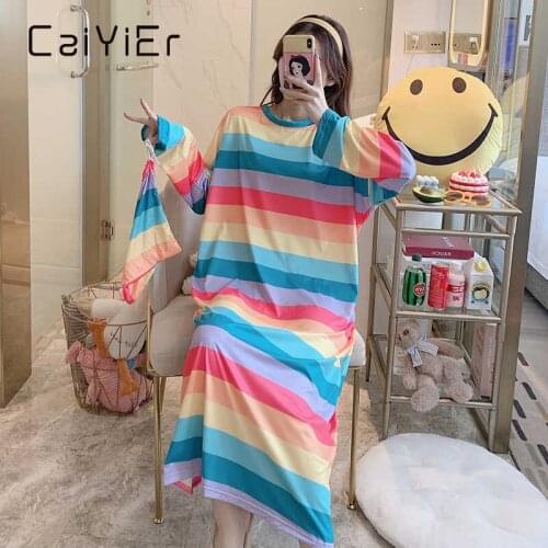 CAIYIER Cartoon Women Nightdress Loose O-Neck Long Sleeve Sleepwear Girl Winter Sleepshirts Lovely Home Wear With Cloth Bag 2PCS