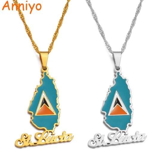 Anniyo Saint Lucia Map Flag Pendant Necklace for Women Girl Gold Color Jewelry St. Lucia Chains Jewellery #126521