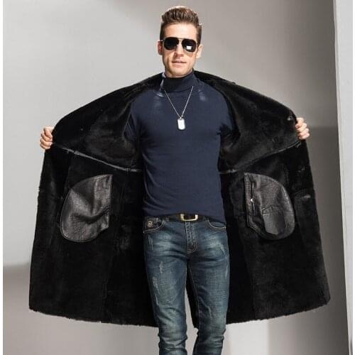 Luxury Mens Genuine Leather Sheepskin Overcoat Winter Warm Lamb Fur Long Jacket Fashion Slim Fit Single Breasted Coat Plus Size