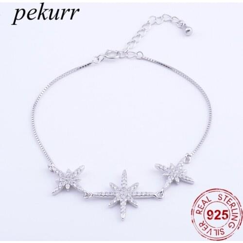 Pekurr 100% 925 Sterling Silver Starburst Cubic Zirconia CZ Bracelets Charms For Women Accesories Female Jewelry High Quality