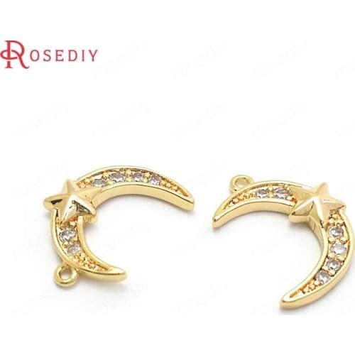 37196)6PCS 13x10MM 24K Gold Color Brass and Zircon Moon Star Charms Pendants High Quality Jewelry Making Supplies Accessories