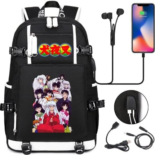 InuYasha Casual Backpack Cartoon School Bags for Teenagers Unisex packsack Zip Bookbag Student USB Travel Laptop Shoulders Bags