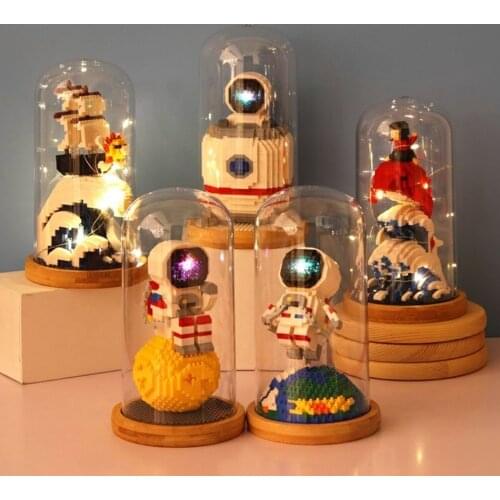 Space Astronaut Rocket Pirate Ship Chinese Temple Micro Diamond Blocks with Light Cable Creative DIY Constructor Kids Toys Gift