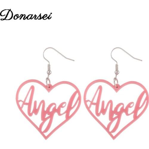 Donarsei Simple Pink Color Hollow Heart Drop Earrings For Women Minimalist Letter Angel Dangle Earrings Gift