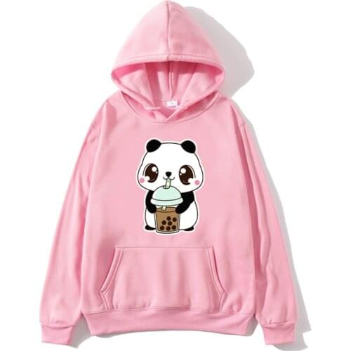 Pink Hoodies The Cute Corgi Panda&Cat Drinks Milk Tea Hoodies spring&Autumn Kawaii Cartoon Japan Anime Harajuku Sweatshirts Tops