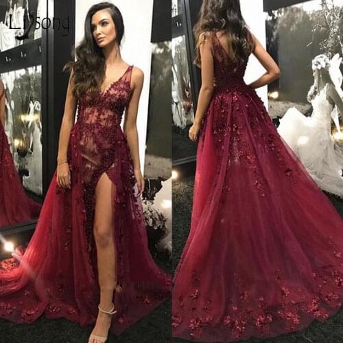 Sexy See Thru Burgundy Lace Mermaid Prom Dresses With Detachable Train Floral Pearls Split Prom Gowns Vestidos Longo 2019