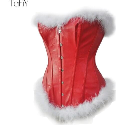 TaFiY Sexy Xmas Corset With Feather For Women Faux Leather Waist Corset Chritmas Corset And Bustier Outwear Overbust Corset Top