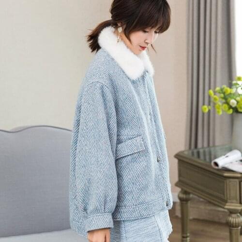 Fur Lamb Natural Liner Short Womens Fur Coat 2020 Winter Warm Woolen Tweed Jacket Real Mink Fur Collar 18617 WYQ1839