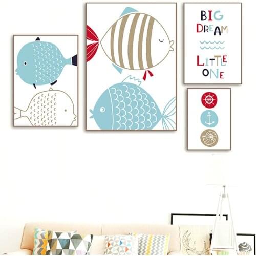 Modern Canvas Painting Fish Cartoon Nursery Big Dream Children Wall Art Poster Prints Pictures for Kids Room Home Decoration