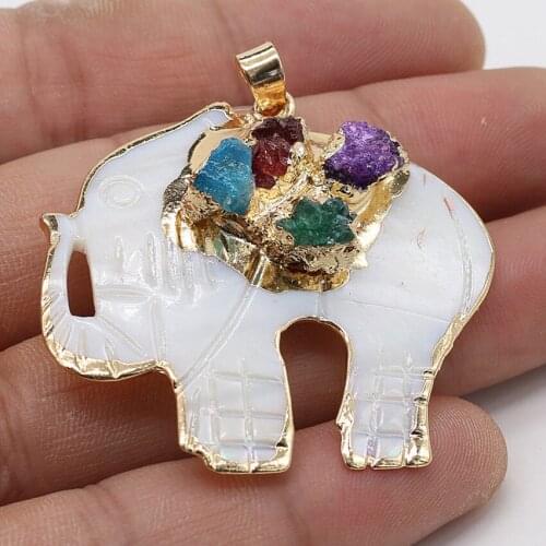 Light Yellow Gold Color Elephant White Shell Pendant with Irregular Shape Crystal Animal Jewelry