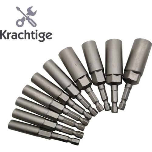 80mm Length Deepen Power Nut Driver Drill Bit Set 5.5-19MM Impact Socket Adapter For Power Tools 6.35MM Hex 15Pcs / 10Pcs