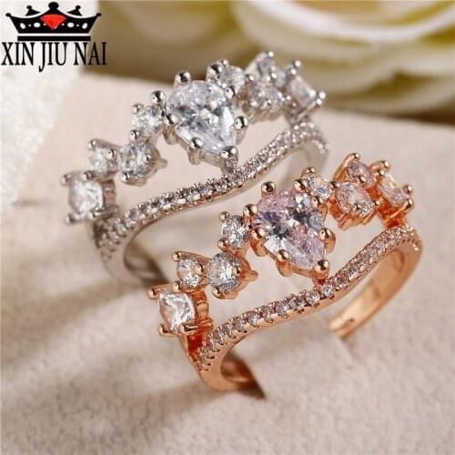 Wishing Exquisite Round White Crystal Wedding Ring Engagement Ring Womens Luxury Ring Vintage Diamond Openwork Rose Gold Flower