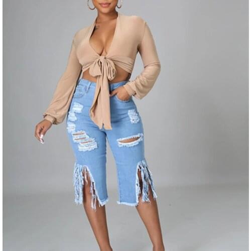 Women Summer Hot Pants Capris Solid Denim Destoryed Ripped Holes Jeans Ladies Female High Waist Slimming Bottoms Casual Club 3XL