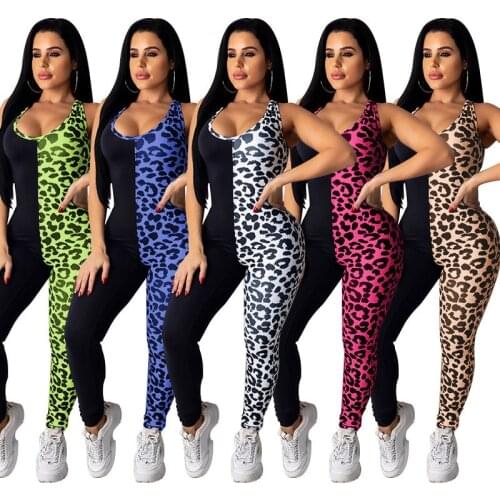 Echoine Leopard Printed Patchwork Womens Sleeveless Tank Open Back Bodycon Jumpsuits Streetwear One Piece Romper Active Overall