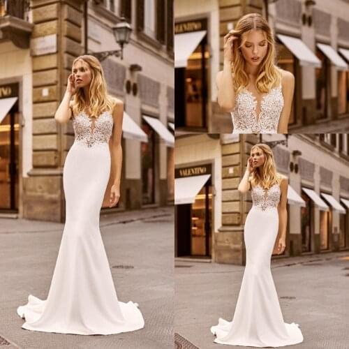 2020 Fashion Mermaid Wedding Dresses Satin Lace Appliques Bridal Gowns V Neck Backless Formal Wedding Dress