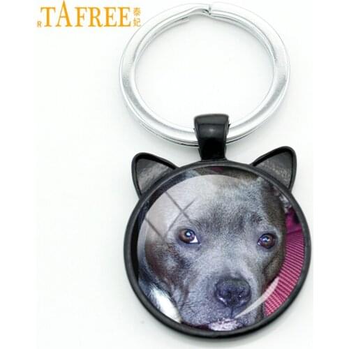 TAFREE innocent staffie Dog keychain vintage handmade black cat ear key chain bag accessory fashion men women jewelry DG11