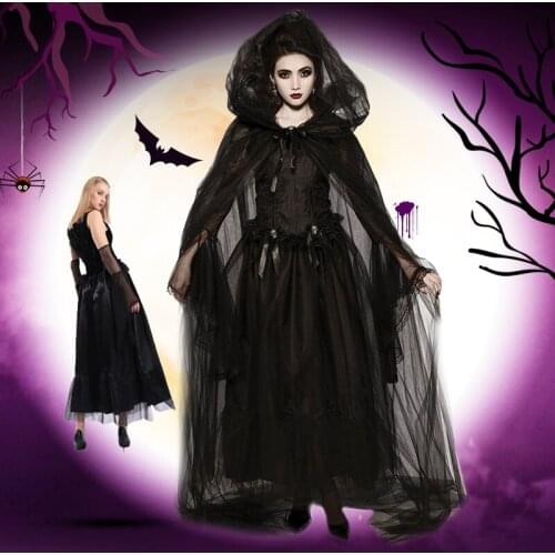 Black Lace Halloween Costum Cosplay vampire demon dark Death Cape Long Hooded Cloak Wizard Witch Medieval Cape S-XL