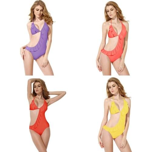 Colloyes One Piece Swimsuit Fashion Women Sexy Flirty Ruffle Monokini Size XS to M Junior Swimwear Half Cut Out at Front