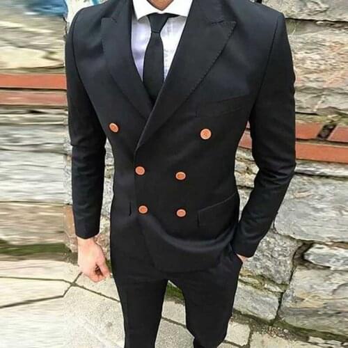 Double Breasted Black Groom Tuxedos Mens Wedding Suit Pants Best Man Blazer Wide Peaked Lapel Slim Fit Terno Masculino 2Piece