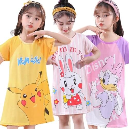 Pokemon Pikachu Cotton Nightdress Little Teen Girl Pajama Dress Childrens Cartoon Anime Summer Nightgown Home Clothes Sleepwear