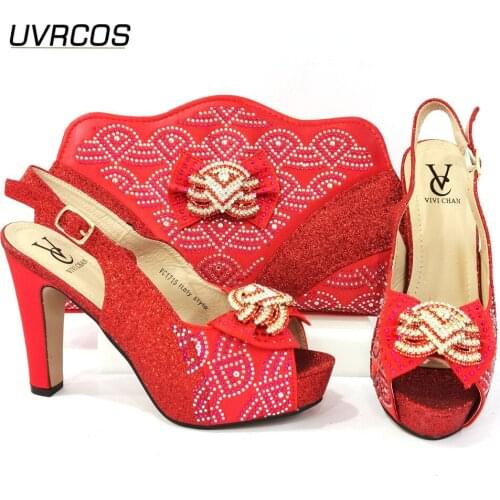 Italian Design 2021 Newest Nigerian Fashion Red Color Party Ladies Shoes and Bag Set Decorated With Rhinestone and Metal Elegant