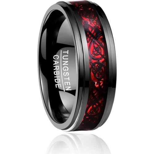 8mm Mens Ring Elegant Cool Electroplated Black Inlay Red Opal Dragon Pattern Step Tungsten Carbide Ring Size 5-15