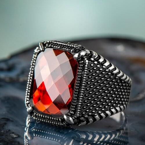 925 Sterling Silver Rectangular Red Zircon Mens Ring Exclusive Ring for Men Zirconia Ring Special Accessory Made in Turkey