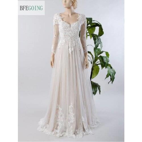 Ivory Lace Tulle Long Sleeves Floor-Length V-Neck A-Line Wedding Dress Court Train Custom Made