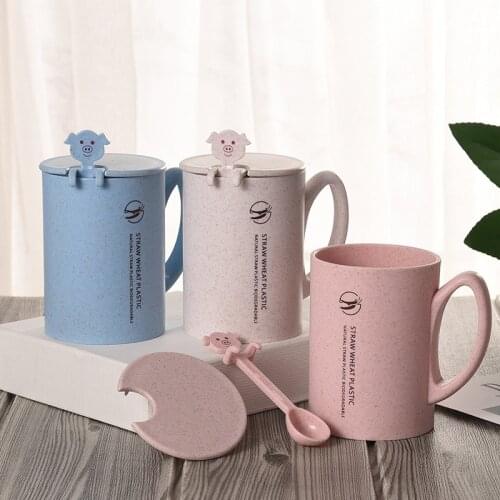 Creative straw cartoon mug Cute pig spoon with lid cup Kids Tea Milk coffee mug Indoor office high quality Gift Cups Drinkware