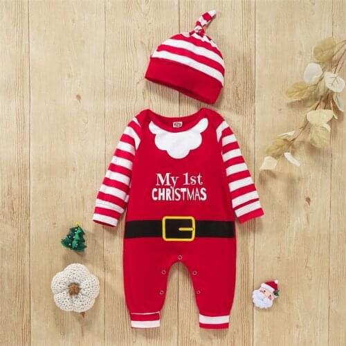 My First Christmas Outfits Long Sleeves Jumpsuit Santa Claus Costume with Hat 2 Piece Set for Boys Girls 0-24 Months