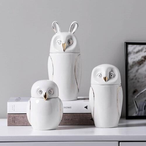 NEW NORDIC WHITE CERAMICS OWL TANK STORAGE DRIED FRUIT CANDY STORAGE TANK HOME DECORATION ANIMAL STATUE DESKTOP ROOM ADORNMENT