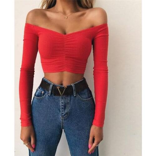 Autumn and winter new fall shoulder sexy low cut one shoulder slim pleated navel exposed short long sleeve T-shirt