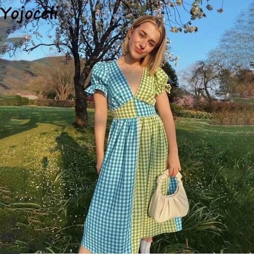 Yojoceli Sexy patchwork plaid ruffle women dress Summer casual beach fashion midi dress Cool v neck elegant long female dress